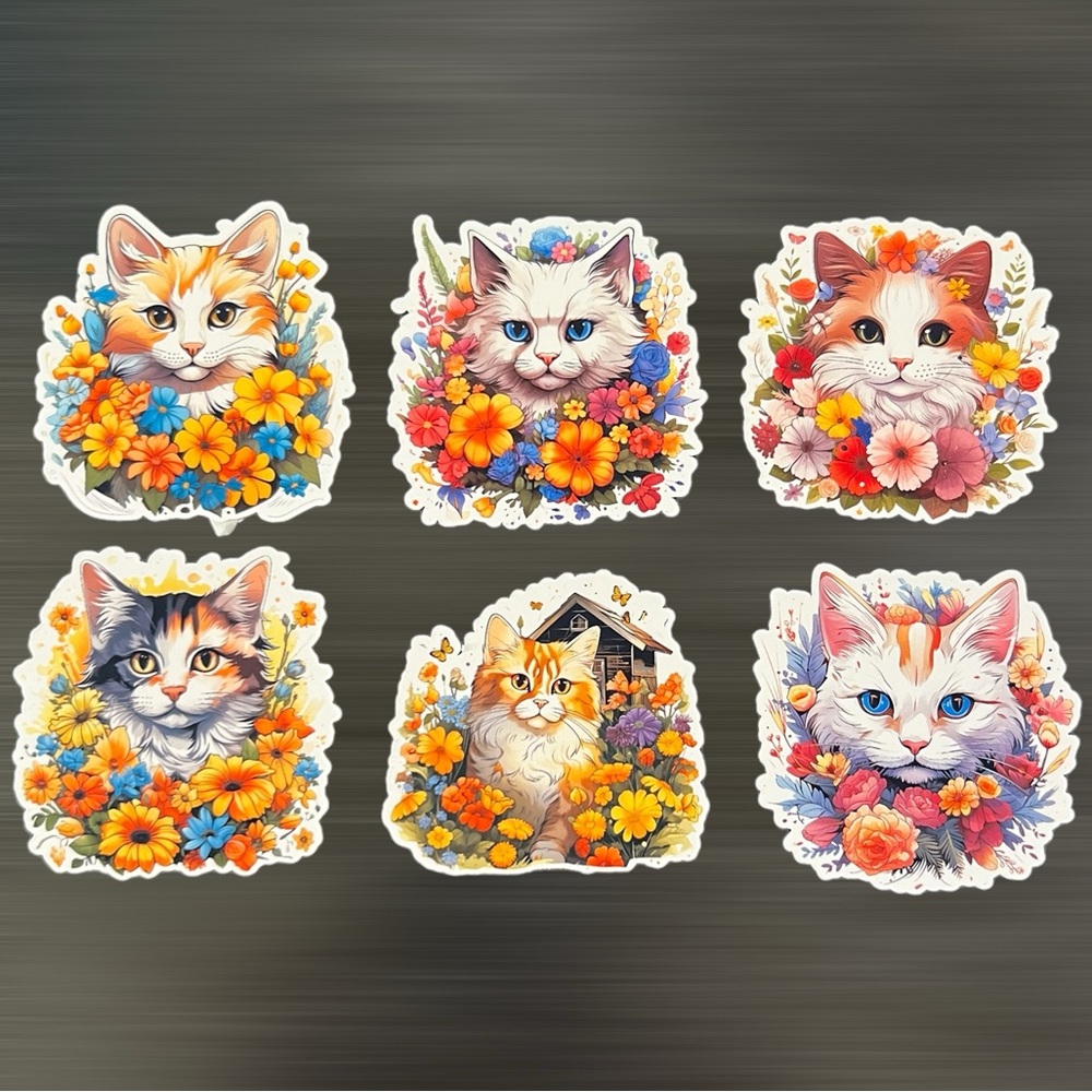 Set of 6 Floral Cat Stickers approx. 2" x 2" | Whimsical Cats with Blooming Flow
